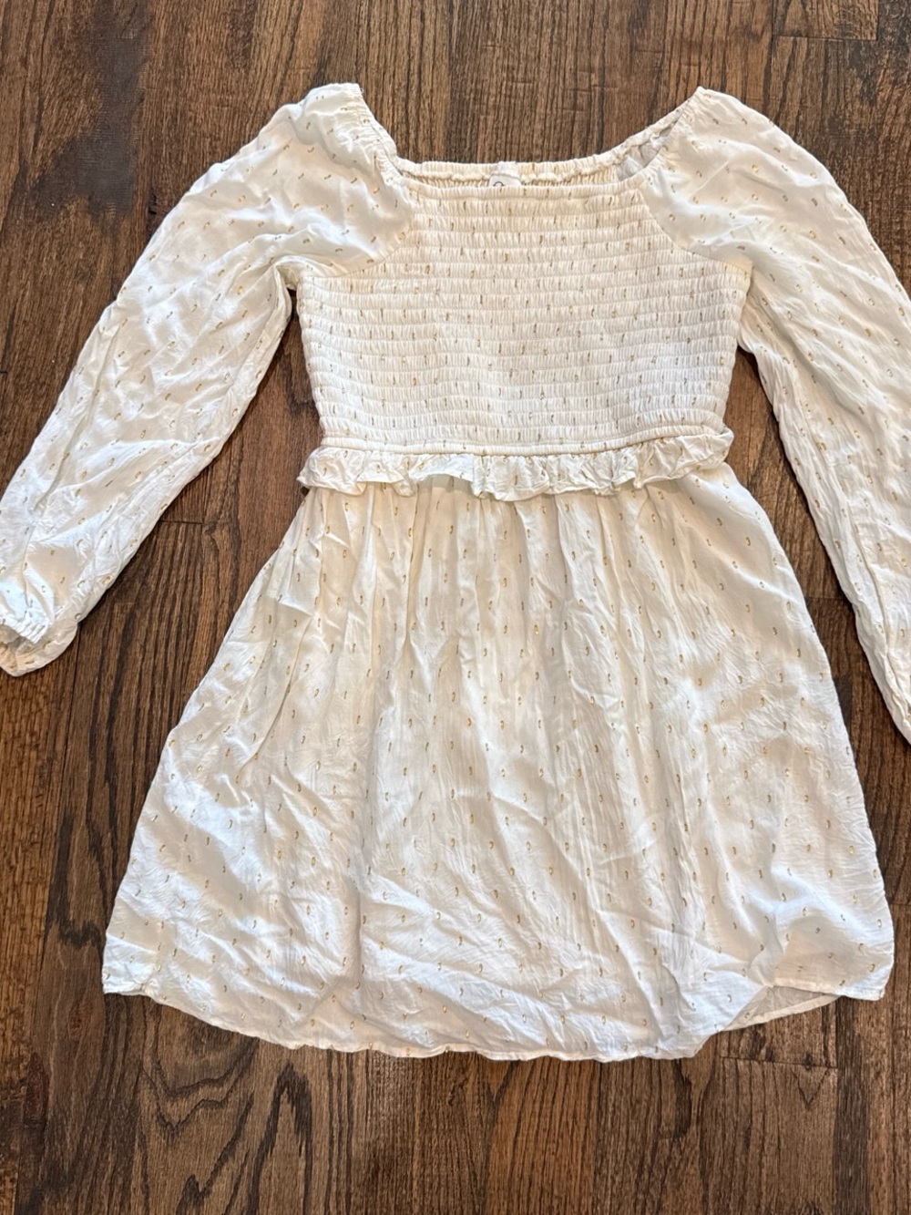 art class Cream Long-Sleeve Smocked Dress with Metallic Dot Detail